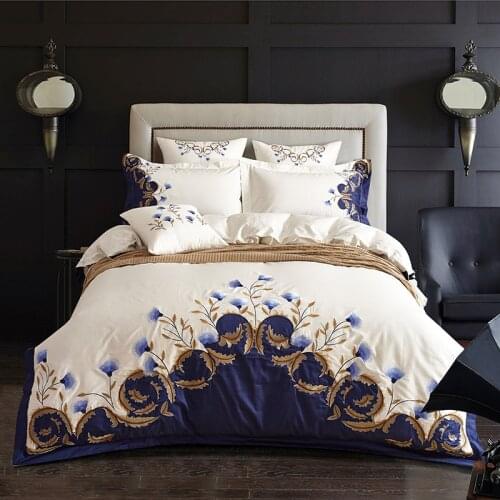 US King Queen Size Chic Embroidered White Blue Luxury Bedding Set 60S Egyptian Cotton Bed Sheet Duvet Set Pillowcase Cover