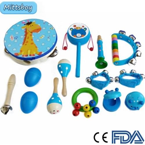 13Pcs Montessori Educational Wooden toy 3D Puzzle Musical Flower Tambourine Wooden Mathematic Training Intellectual Learning Toy