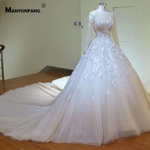 Real Photo Cathedral Train Embroidery Appliques Tulle Bridal Ball Gown Custom Made Zipper Back Full Sleeve O-Neck Wedding Dress