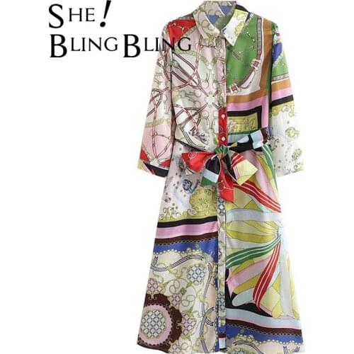 SheBlingBling Casual Long Shirt Dress Summer Chain Border Print Three Quarter Sleeves Women Casual High Waist Midi Dress Female