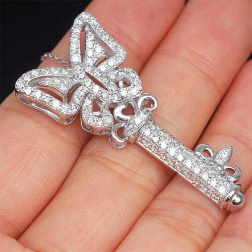 Butterfly Key Shape Necklace Theme Party Women Statement Jewelry 925 Sterling Silver Diamond Sweater Chain Pendants Collars