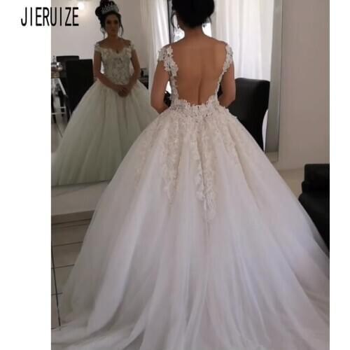 JIERUIZE Gorgeous Sexy Ball Gown Wedding Dresses Off Shoulder Floral Appliques Illusion Back Beaded Bridal Gowns robe de mariee