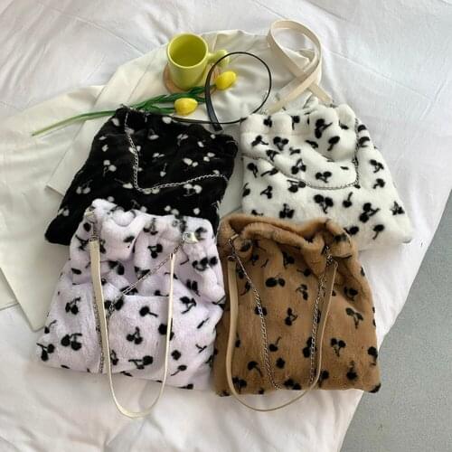 Women Soft Plush Bag Cherry Printing Shoulder Bag Ladies Autumn Winter Fashion Chain Large Capacity Tote Luxury Designer Handbag