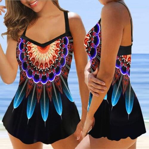 Plus Size Swimsuit Women Tankini Set Vintage Print Conservative Top+shorts 2021 Summer Beachwear Two Piece Female Bathing Suit