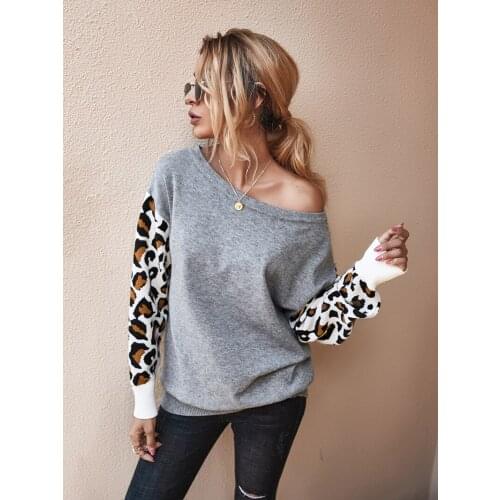 2021 Autumn Women Fashion New One Off Shoulder Knit Hoodies Leopard Print Long Sleeve Patchwork Loose Crew Neck Pullover Hoodies