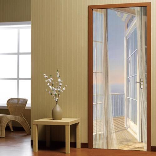 2pcs/set Window Balcony Landscape 3D Door Sticker Poster Wall Paper Waterproof Living Room Bedroom Door Wallpaper Mural Stickers