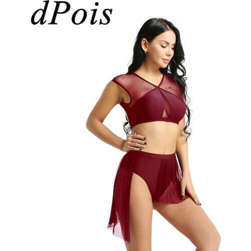 2019 Adult Asymmetric Contemporary Lyrical Ballet Dance Dress For Women Lady Sleeveless Criss Cross Crop Tops with Short Skirt