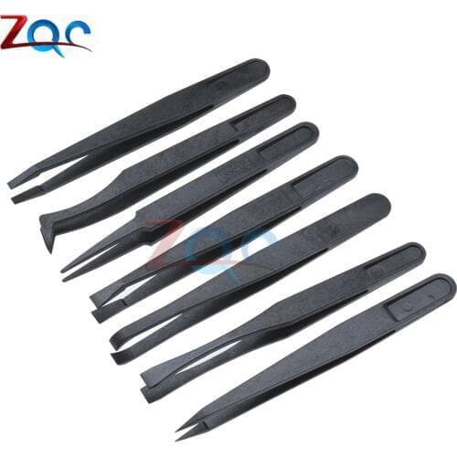 7pcs Anti-static Carbon Fiber Electronic Tweezers Kit ESD Forceps PCB Repair Hand Tools Set Straight Bend Plastic Heat Resistant