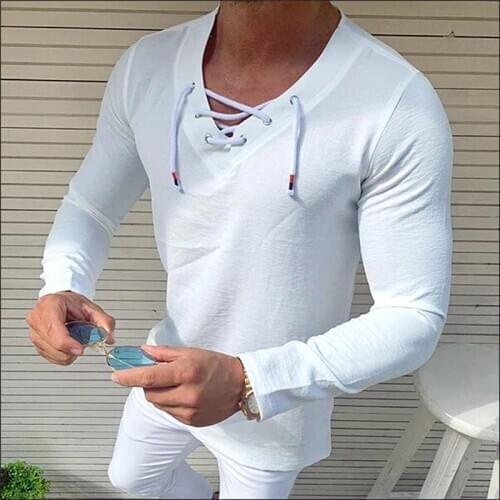 Brand 2021 New Mens T-shirt Long Sleeves V-neck Shirts Smart Casual Fashion Men Clothes M-XXXL