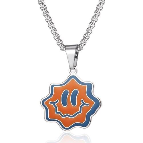 Stainless Steel Hip Hop Smiley Flower Men Women Street Dance Pendant Necklace Fashion Jewelry Gift For Him with Chain