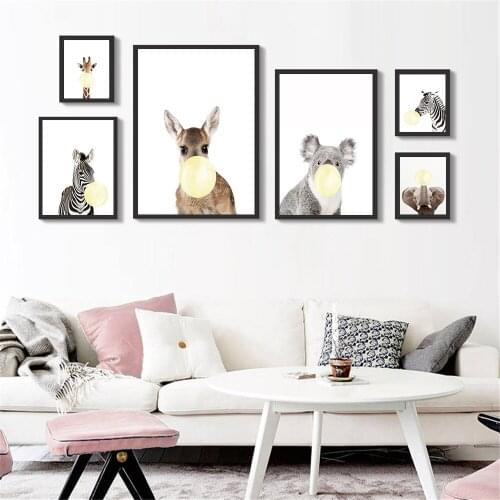 Kids Room Decor Nordic Poster Cute Animals Wall Print Zebra Giraffe Rabbit Canvas Painting Cartoon Bubbles Balloon Canvas Art
