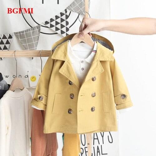 Children Casual Jackets with Hat Spring Autumn Baby Boys Coats Toddler Infant Coats Gentleman Style Double-breasted Windbreaker