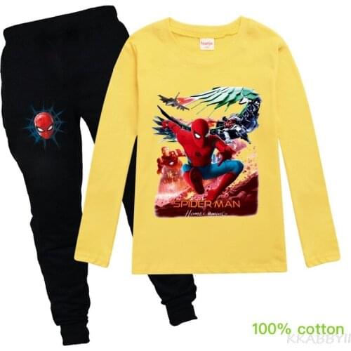 Disney Spring Spiderman Boys And Girls Fashion Long T-shirt + Pantsuit Childrens Tracksuit