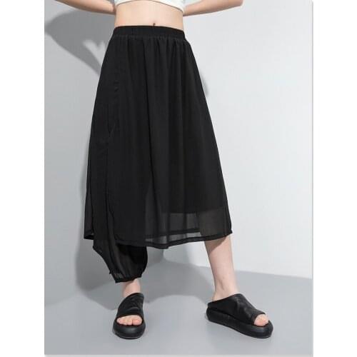 Europe station 2021 summer new Elastic Waist Chiffon wide leg pants street fashion brand personality fake two pieces of casual p