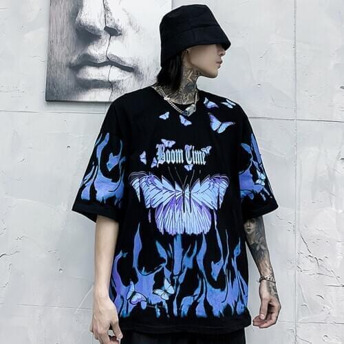 Blue Butterfly T Shirt Men 2021 Harajuku Hip Hop Short Sleeve Tees Casual Tops Streetwear Oversized T Shirts Cotton Mens Clothes
