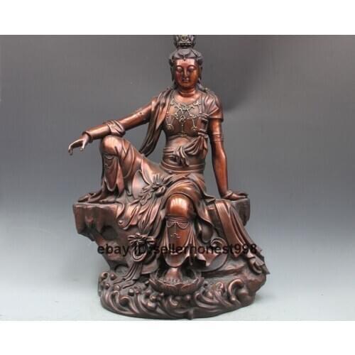 Chinese Tibet Buddhism Kwan-Yin Bodhisattva Figurine Red Bronze Guanyin Statue