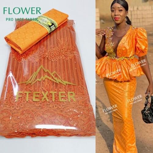 Orange Sequined Net Lace With Embroidered And Bazin Riche Fabric 2021 Top Quality Women Sewing Dresses Net Tulle Lace Fabric