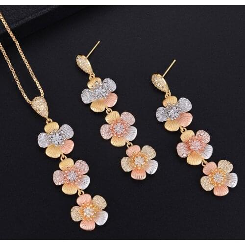 LARRAURI Trendy Women Jewelry Sets Deluxe Long Chain Flower Pendant Necklace Drop Dangle Earrings Wedding Jewelry Sets 2019