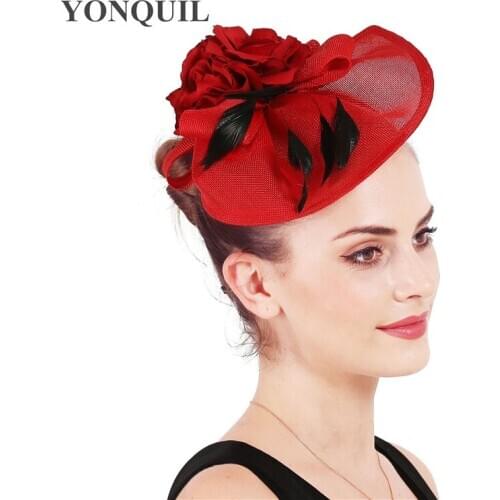 Fashion Red Bridal Wedding Headwear Flower Hair Fascinator Hat Fancy Feather Formal Party Hat Ladies Occasion Hair Accessories