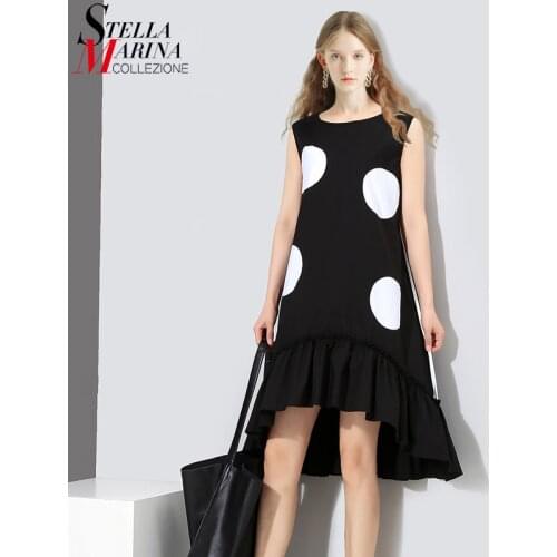 New Summer Woman Black Sleeveless Sun Dress Large Dots Patches Ruffle Hem Straight Sundress Girls Cute Midi Tank Dress Robe 1193