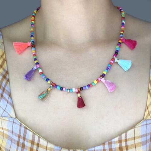 KBJW Original Tassle Necklace Trendy Mixed Color Beads Handmade Tassel Statement Necklace for Women Bohemian Jewelry