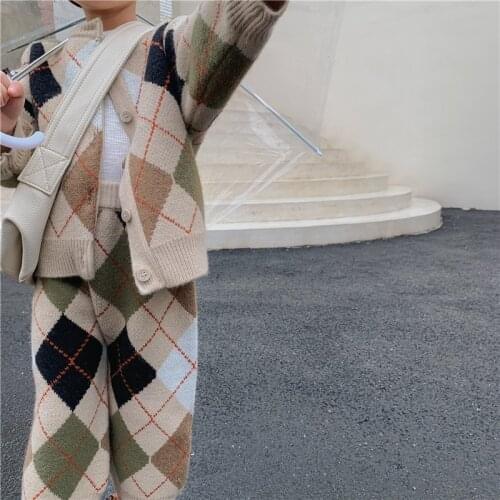 Autumn Winter girls fashion knitting warm plaid outfits children fashion loose cardigan and wide leg knitted trousers