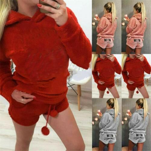 Pyjamas Women Cotton Winter Fannel Pajama Set Shorts Fleece Fluffy Warm Cute cat embroidery PJS Sleepwear NightWear Set
