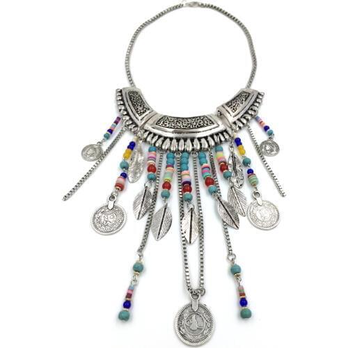 Vintage tibetan handmade beads chain necklaceTassel chain coin pendants Boho style collier femme statement Necklace summer style