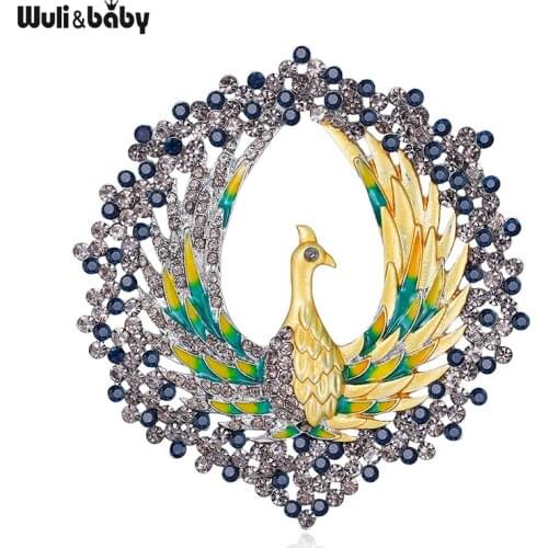 Wuli&baby Spreading Tails Peacock Bird Brooches For Women Lady Rhinestone Enamel Peacock Animal Party Office Brooch Pin Gifts