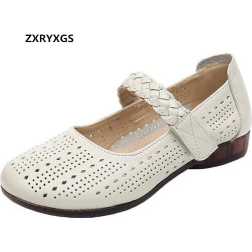 ZXRYXGS Brand Hollow Breathable Top Cowhide Women Leather Shoes Flat Sandals Soft Sole Comfortable Shoes 2021 New Women Flats