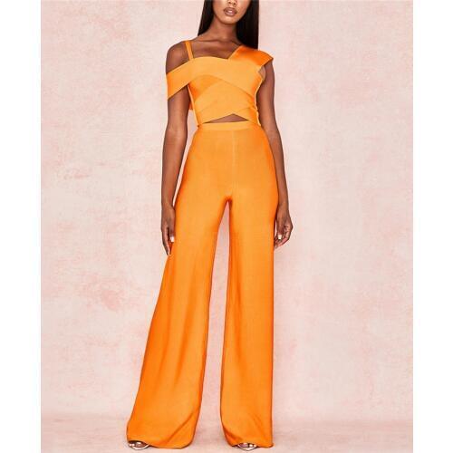 Celebrity Women Set Orange Short Tops With Pants Fashion Two Pieces Night Club Party Sets Womens Sets