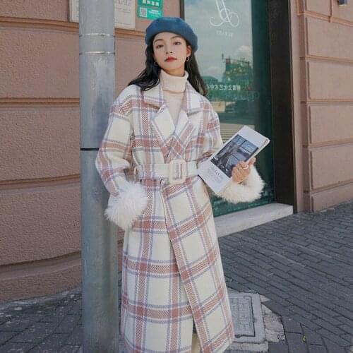 2021 New Plaid Woolen Coat Womens Mid-length Autumn Winter Waist Belted Wild Temperament Popular Woolen Coat