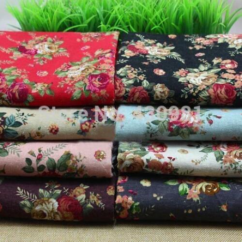 100*140cm Chinese ethnic fabric rose flowers printed cotton linen fabric natural dress material tecido