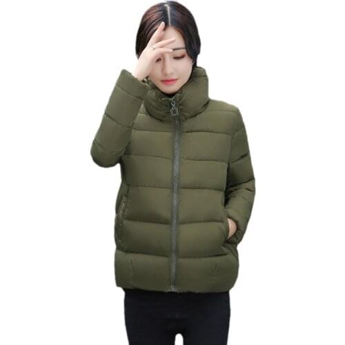 2021 Stand Collar Winter Autumn Basic Jackets Womens Solid Thicken Cotton Padded Casual Parkas Pocket Puffer Jacket Woman Coat