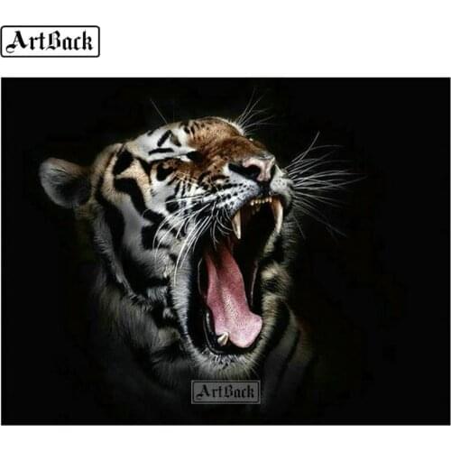 5d diamond painting angry tiger full square / round diamond embroidery animal black background picture diamond mosaic 20x25cm