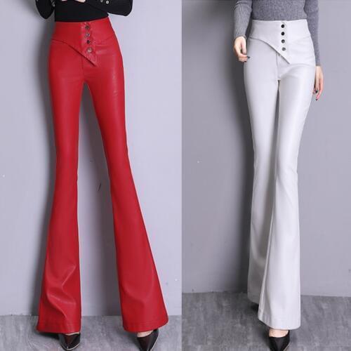 Winter Fall Fashion Womens Ladies High Waisted Fleece Warm Red Black Pu Leather Flare Trousers , 2017 Autumn Spring Women Pants