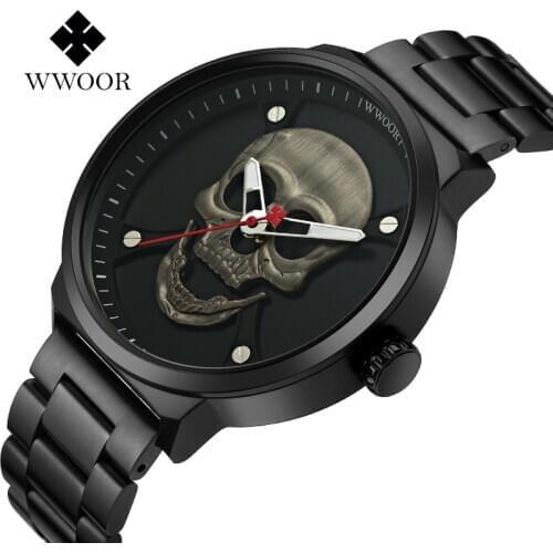 WWOOR Official Stainless Steel 3D Skull Watch Men Top Brand High Quality Quartz Vintage Sport Wrist Watches For Men Reloj Hombre