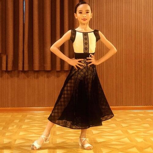 Kids Latin Costumes Ballroom Dance Dress Girls Lace Mesh Suit Prom Modern Tango Dance Performance Clothes Birthday Dress BL5616