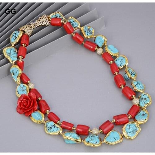GG Jewelry 2 Rows Red Coral Green Turquoises Flower Necklace Cubic Zirconia Pave Clasp 21" For Women
