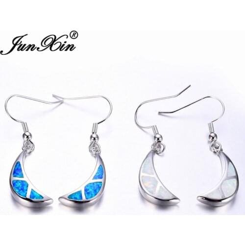 JUNXIN Fashion Female Moon Dangle Earring White & Blue Fire Opal Earring Silver Color Drop Earrings For Women