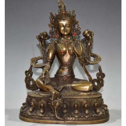 China brass archaize lotus Green tara Buddha crafts statue