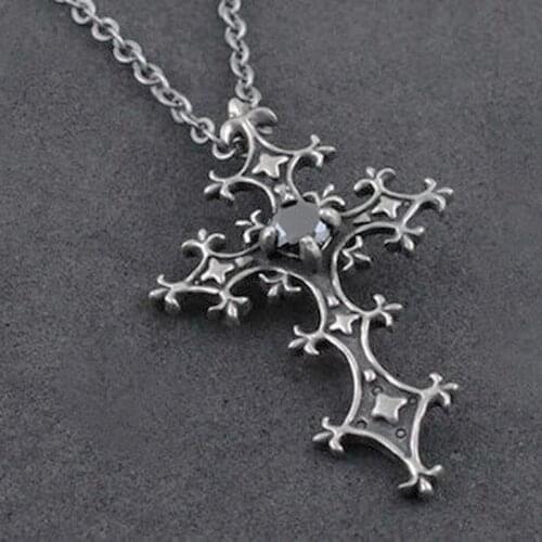 Classic Vintage Dark Gem Cross Pendant Necklace, Cool Gothic Punk Style Black Power Magic Crystal Studded Cross Necklace