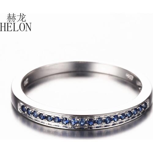 HELON Solid 14K (AU585) White Gold 0.18ct Natural Sapphires Gemstone Ring Women Wedding Half Eternity Anniversary Jewelry Band