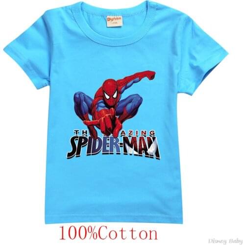 Disney SpiderMan Summer Children New Short-sleeved Girl Print T-shirt Boys Casual Fashion Round Neck Tops Kids Cotton Clothes