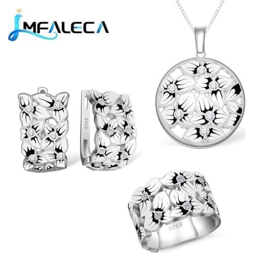LMFALECA Fine Silver Jewelry Sets White and Black Enamel Flower Decoration Wide Ring Hoop Earrings Set Luxury Jewelry for Women