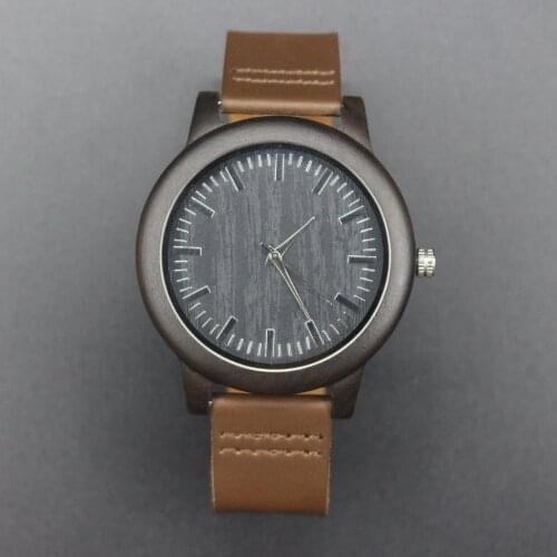 Minimal Men Women Black Watch Brown Genuine Leather Wristwatch Unisex Creative Wood Watches Gift