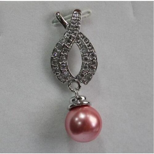 Fashionable zircon metal silver plated 12mm Rose Pink Shell Pearl Necklace Pendant