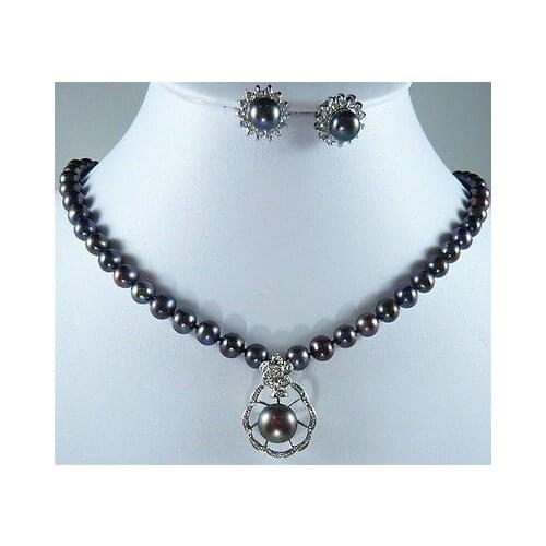 Nobility Lucky womens natural Charming 8mm Black Shell Pearl 12mm Inlay Pendant Necklace Earrings Set $ Luxury Girls Wedd hook