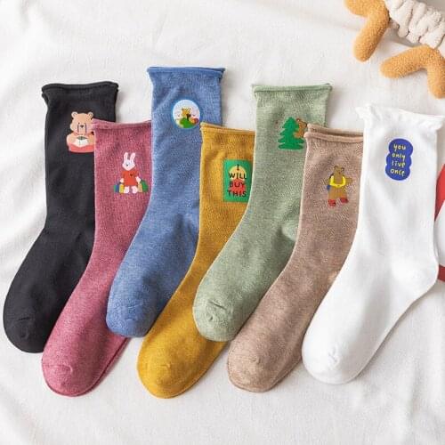 The New Women Cotton Color Funny Socks Fashion High Quality Personality Cute Bear Hot Stamping Female Middle Tube Student Socks