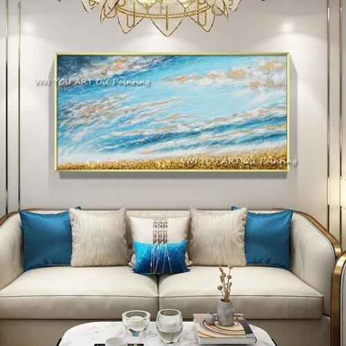 New Arrivals 100% Hand-painted Beautiful Landscape Blue Gold Sky Oil Painting on Canvas Handmade Wall Art Sky Oil Painting